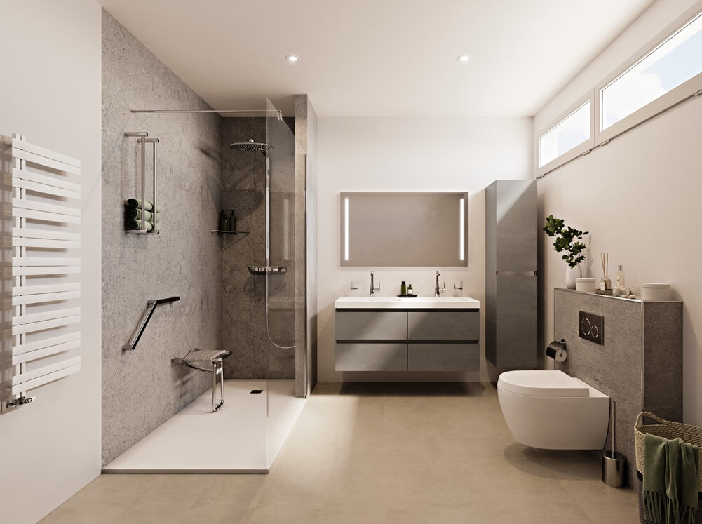 Strakke badkamer met betonlook tegels, inloopdouche en wandcloset. Senioren vriendelijk.